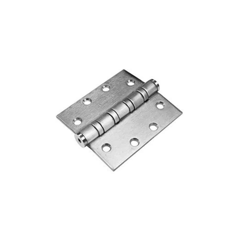 Stainless steel hinge for secure door attachment.