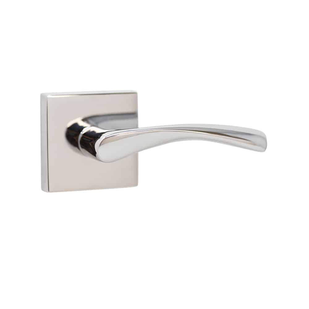 Door handle with a square based plate made of metal with a slight curve for ease of grip