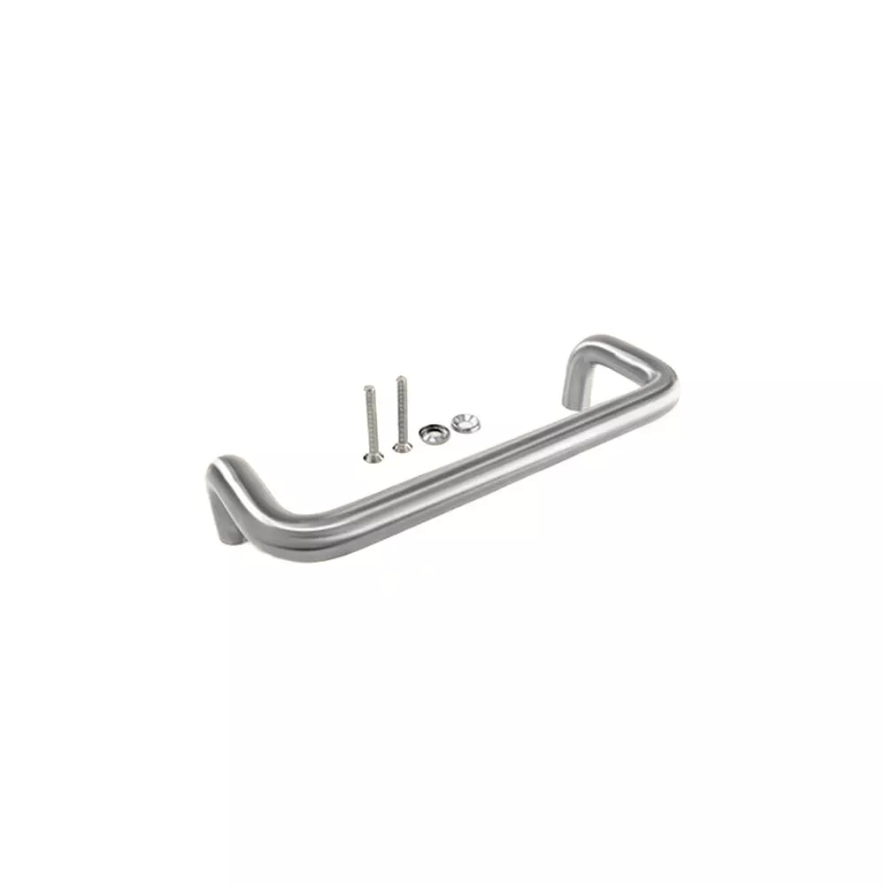 Bathroom door handle with smooth curves and shiny finish