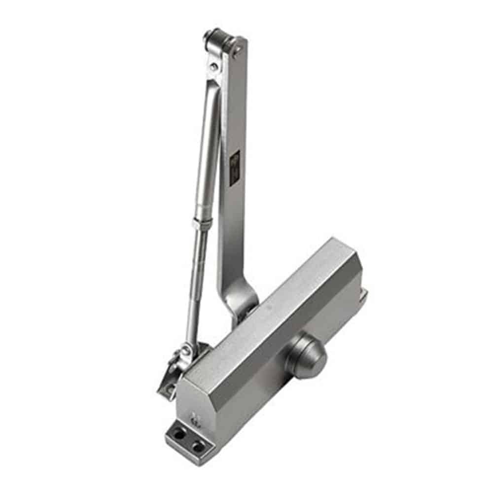 Silver-finished door closer with an adjustable arm