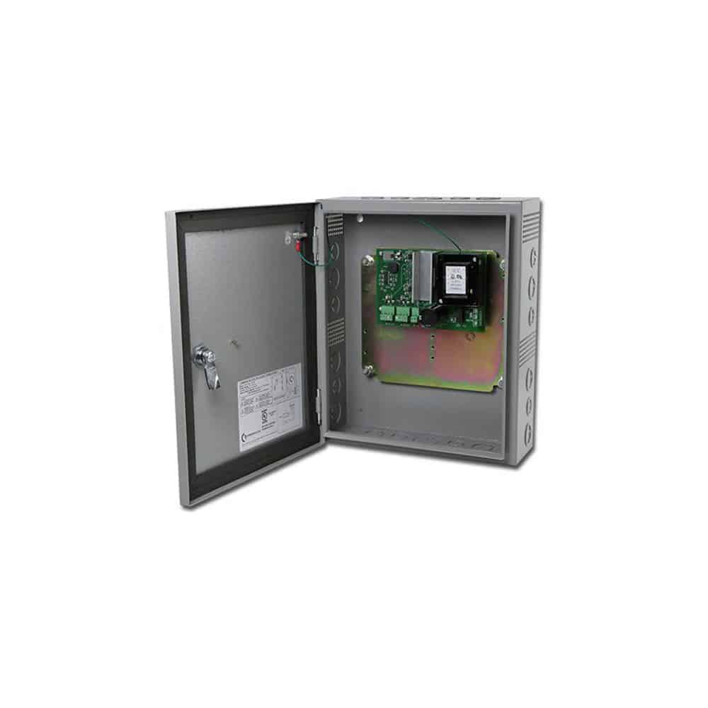 Open metal enclosure box with a green circuit board, wires, and a white label.