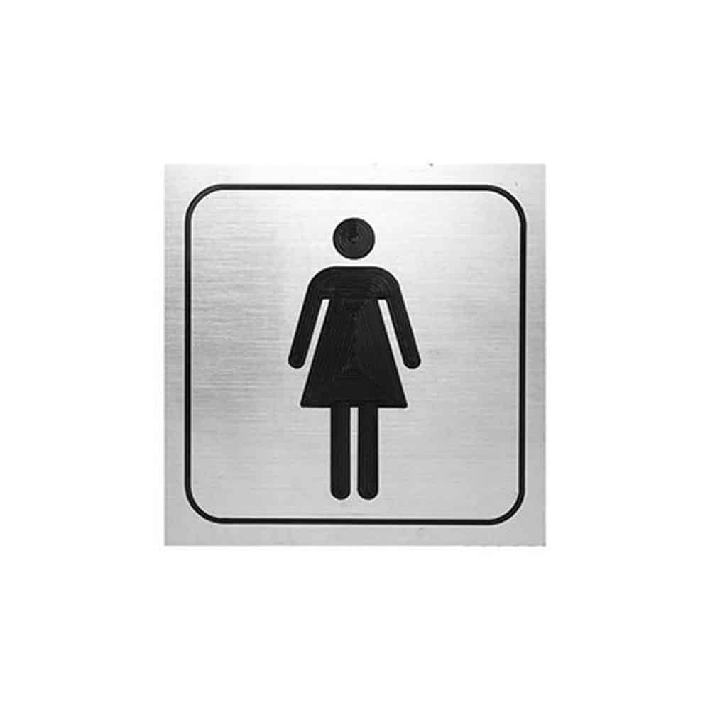 Metallic bathroom square sign with a black outlined female symbol