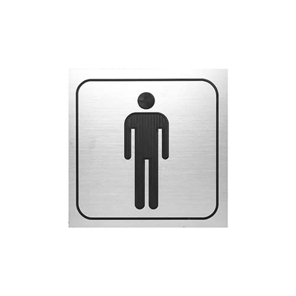 Metallic bathroom square sign with a black outlined male symbol