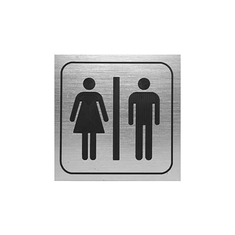 Metallic restroom sign with gender-neutral icons