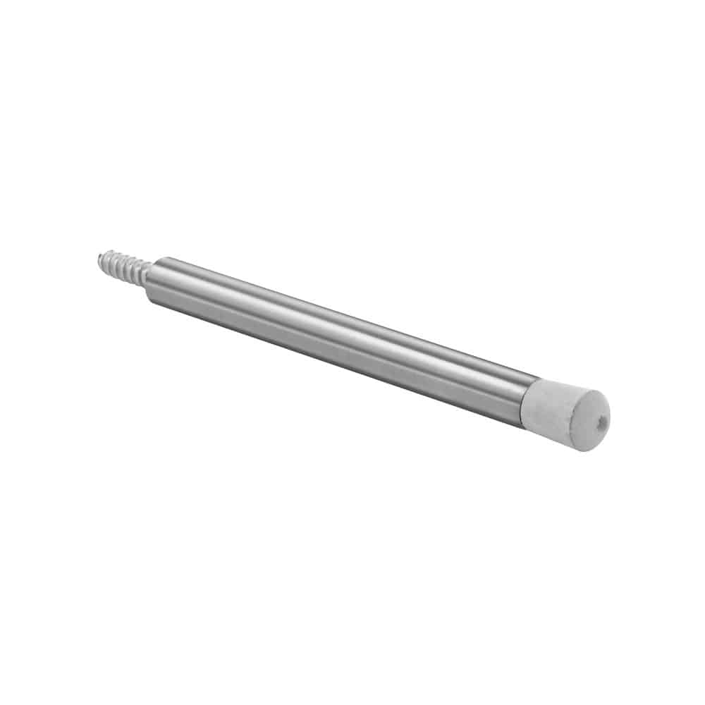 Door stopper with a , silver metal rod with a threaded end